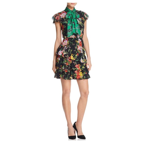 ALICE + OLIVIA Lessie Tiered Floral Tie-Neck Dress - Picture 3 of 10